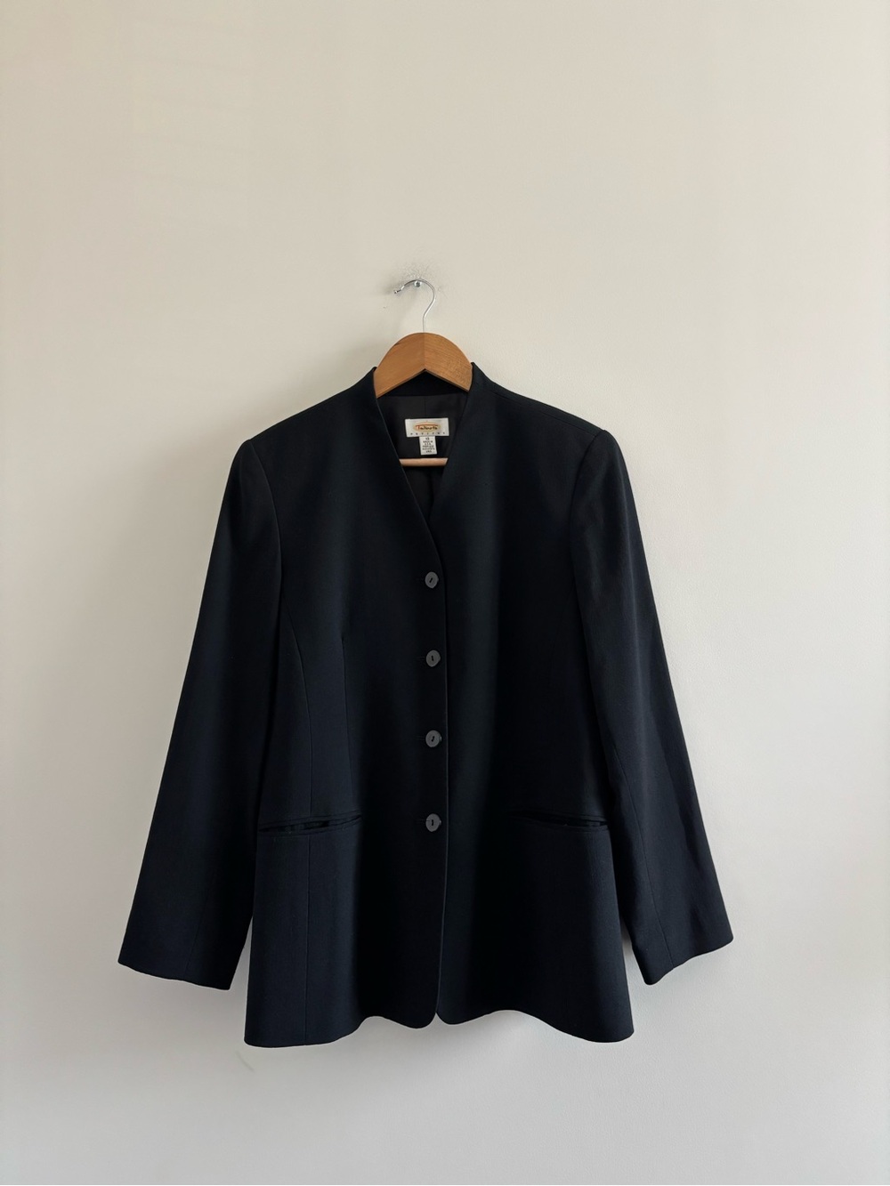VTG Talbots Blazer Black Wool Collarless Womens 12 Office 90s Minimalist USA